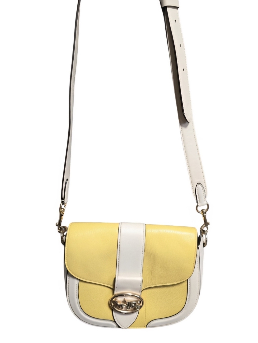 COACH Georgie Saddle Bag in Colorblock in the Yellow/Chalk colorway. 